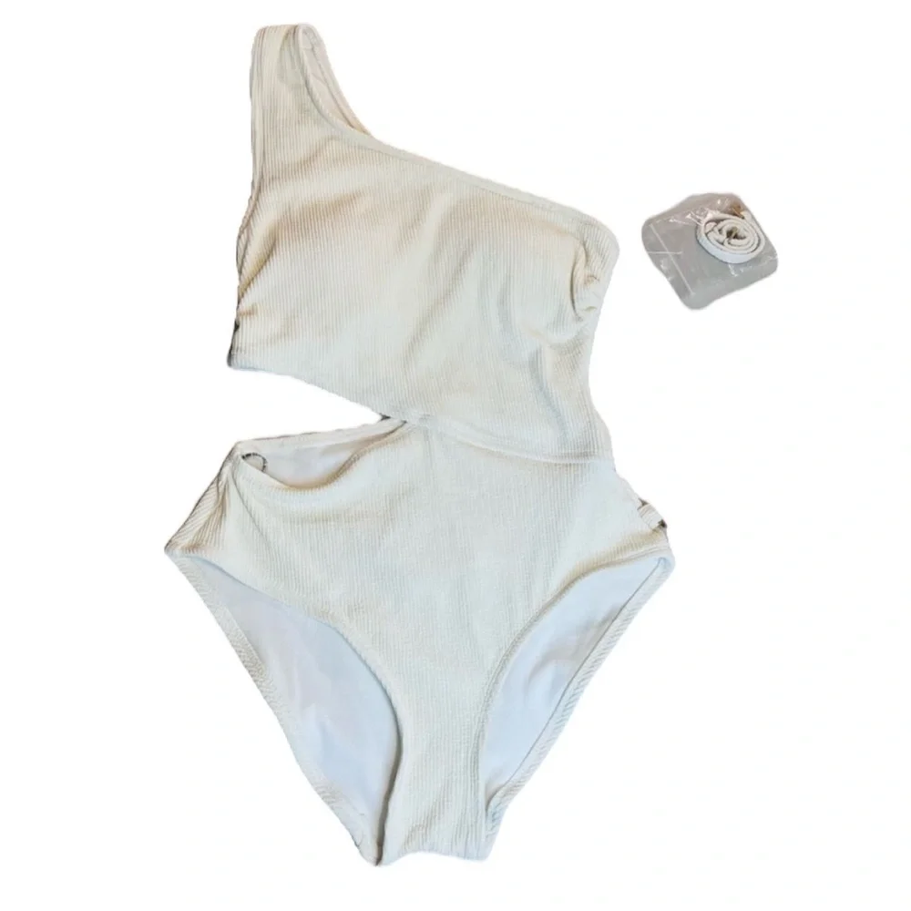 Michael Kors Swimsuit, one-shoulder, ribbed, one-piece,‎ Cream Color, Size 4
